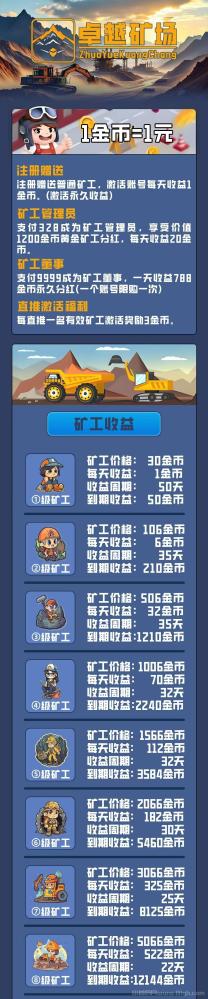 新车首码《卓越矿场》:限量注册送矿工,挂机收益,1金币提现,简单易懂! 新车首码《卓越矿场》:限量注册送矿工,挂机收益,1金币提现,简单易懂!
