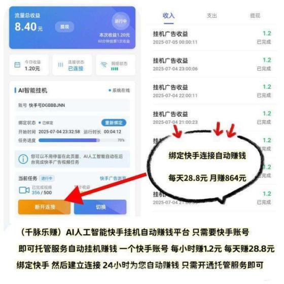乐赚挂机首码MKAAAX，绑定快手号24小时躺赚28.8元微信秒提